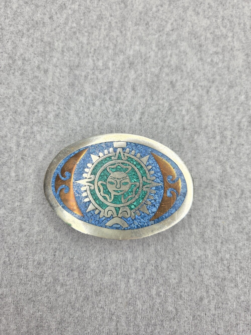 Vintage Mexico Alpaca Silver Aztec Sun Belt Buckle Turquoise Malachite Inlay